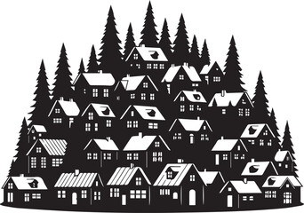Obraz premium Silhouette Village On A Hill With Trees houses forest