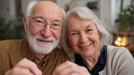 Warm smiles and a heartfelt digital new year greeting from an elderly couple, embracing technology to magically connect and share joyful hopes for the upcoming year