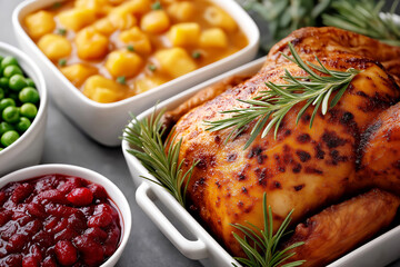 Festive dinner table for Thanksgiving of Christmas featuring succulent roasted chicken, vibrant vegetables, and traditional sides, creating warm and inviting holiday atmosphere for joyful celebration