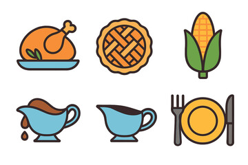 Traditional holiday meal elements featuring roasted turkey, sweet pie, corn, gravy, and dinnerware
