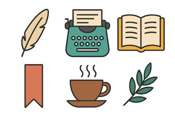 Set of writing and literature essentials including typewriter, open book, quill, and coffee cup
