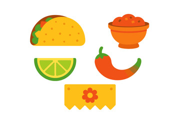 Colorful Mexican food and spice elements including taco, salsa, chili, and lime