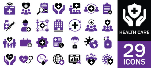 Healthcare icons Set. hospital, clinic, doctor, patient, care, service, global, world, earth, research, analysis, data, report and more. solid icons Vector
