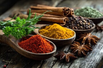 Assorted Natural Seasonings and Dried Herbs on Rustic Table