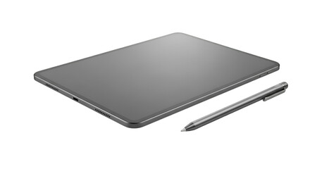 Fototapeta premium Sleek silver tablet and stylus set on black, perfect for modern digital design, presentations, and creative workflow in a professional setting
