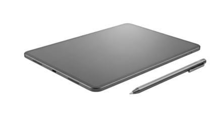 Sleek silver tablet and stylus set on black, perfect for modern digital design, presentations, and creative workflow in a professional setting