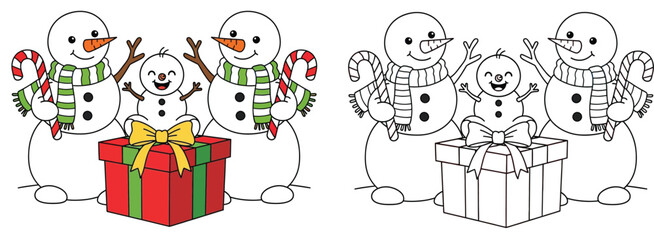 Three Happy Snowmen Celebrating Christmas with a Large Gift and Candy Canes - Festive Winter Holiday Cartoon Illustration