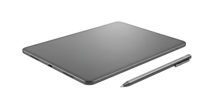 Sleek silver tablet and stylus set on black, perfect for modern digital design, presentations, and creative workflow in a professional setting