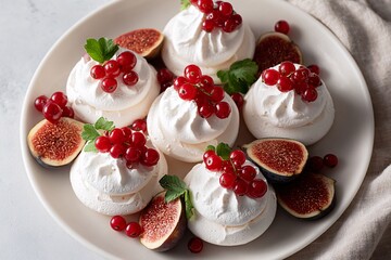 Mini pavlovas topped with fresh red currants and figs on a plate