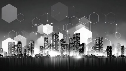 Abstract illustration of a cityscape with digital network overlays black and white - Powered by Adobe