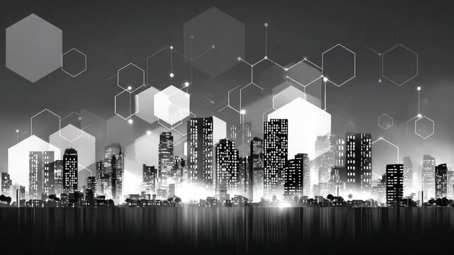 Abstract illustration of a cityscape with digital network overlays black and white - Powered by Adobe