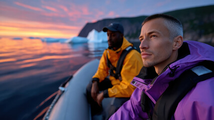 Two men sit quietly on a small boat, admiring a breathtaking sunset that paints the sky in vibrant hues as they navigate through still waters surrounded by icebergs.