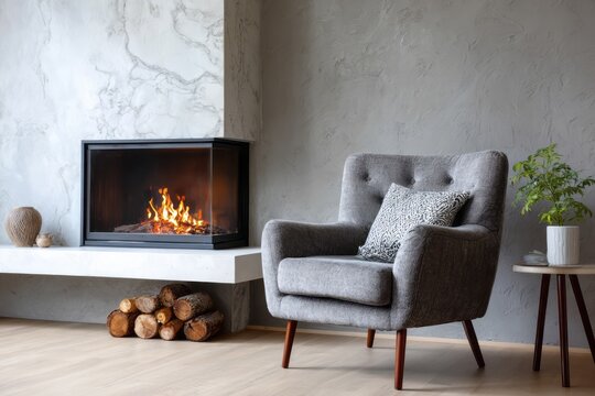 Cozy living room corner with a fireplace and armchair.