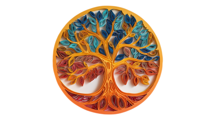 Circular quilling art of a tree with colorful leaves and orange frame isolated on transparent background
