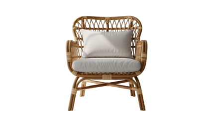 Elegant rattan chair with comfortable cushion and pillow, perfect for relaxing in a modern living room or sunroom, creating a cozy atmosphere