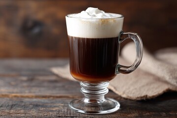 Classic Irish coffee served in a clear glass on a wooden table