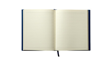Open blue notebook with blank lined pages isolated on transparent background