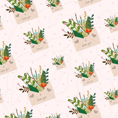 Seamless light pastel floral envelope pattern – botanical love letters and greenery design background