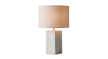 Elegant white table lamp with soft light illuminating a modern interior, perfect for home decor, adding warmth and style to any space, ideal for commercial use