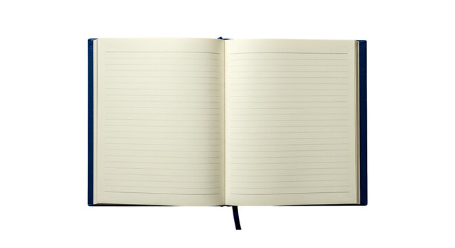 Open blue notebook with blank lined pages isolated on transparent background
