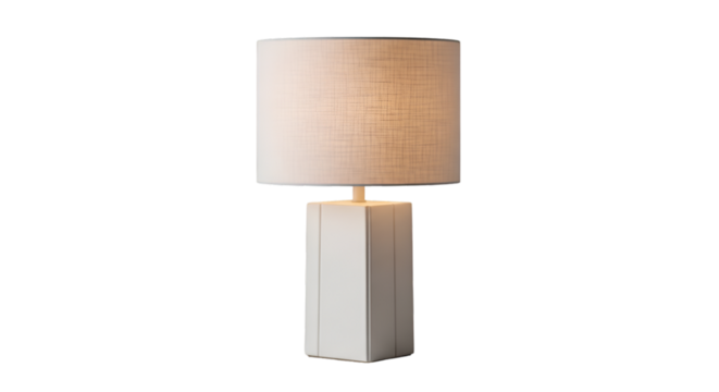 Elegant white table lamp with soft light illuminating a modern interior, perfect for home decor, adding warmth and style to any space, ideal for commercial use