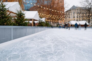 Ice skating rink surrounded by festive stalls at Christmas market