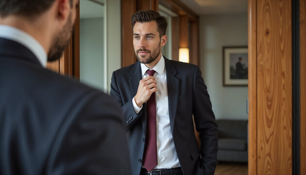 Professional Man Adjusting Tie Before Job Interview in Modern Office Environment for Business Blogs, Career Websites, Professional Development, and Motivation Content
