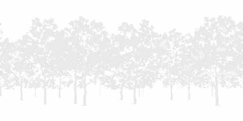 Subtle light grey silhouette of deciduous trees forming a seamless forest pattern against a white background