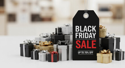 Black Friday sale tag with assorted gift boxes in shop interior  