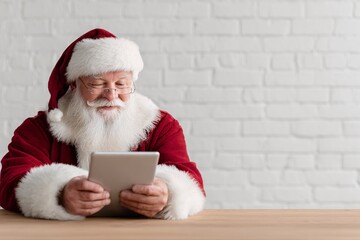 Santa Claus checking his digital tablet while sitting at a table, copy space