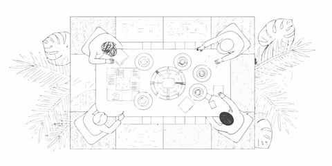 Top view of four people gathered around a table in a minimalist line art style with tropical leaves
