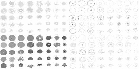 Collection of diverse top down tree and plant symbols in grayscale for architectural and landscape design projects