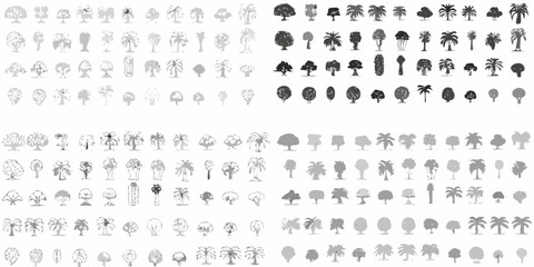 Collection of diverse hand drawn grayscale tree illustrations and silhouettes for design elements
