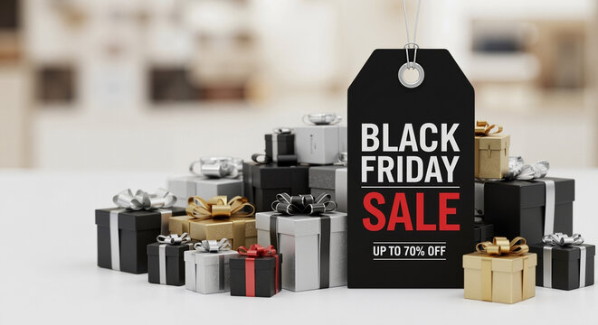 Black Friday sale tag with assorted gift boxes in shop interior  