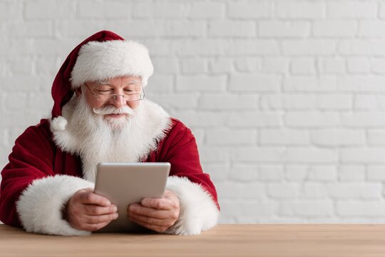 Santa Claus checking his digital tablet while sitting at a table, copy space