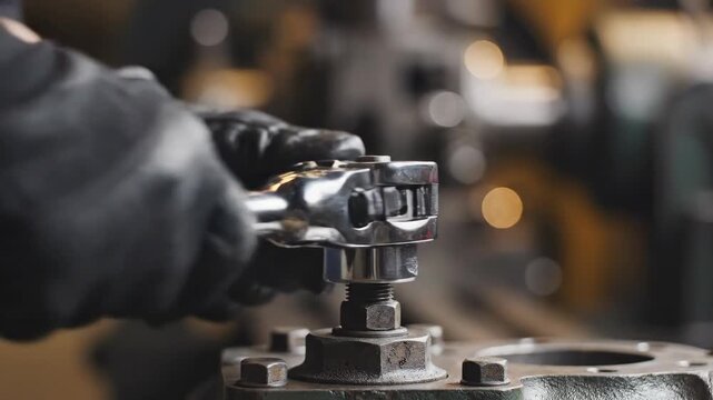 Mechanic with wrench tightening bolt in mechanical workshop