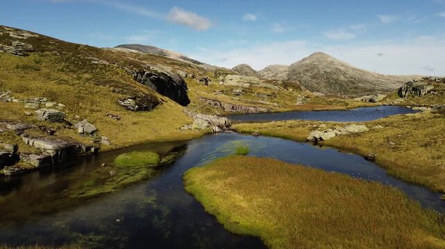 Aerial drone flight over mountains in vestland