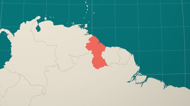 Guyana map. Animated zoom into the country on the Globe in Teal Pale Mint color palette. Country logo animation. Map with meridians, parallels. Authentic video.