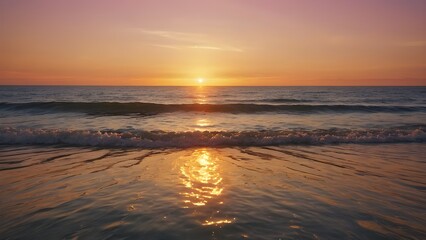 Peaceful ocean horizon glowing with warm golden sunset, gentle waves reflecting orange and pink hues, clear sky, tranquil seascape, photorealistic detail, perfect for travel or relaxation themes.
