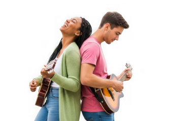 Diverse young musicians playing guitars capturing passion and creativity transparent background