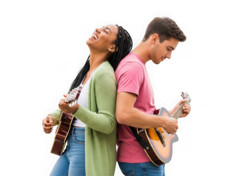 Diverse young musicians playing guitars capturing passion and creativity transparent background