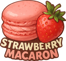 A cute pink strawberry macaron dessert illustration with a fresh berry