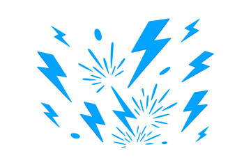 Dynamic blue lightning bolts and energy bursts scattered across a white background creating a powerful electric effect