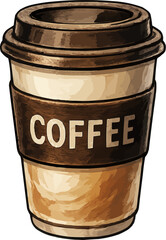 A stylized watercolor illustration of a disposable takeaway coffee cup with a brown sleeve and plastic lid isolated