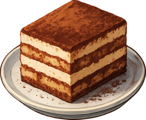 A delicious slice of tiramisu cake with creamy layers and cocoa powder on a small dessert plate isolated