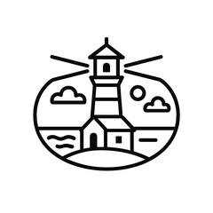 Obraz premium Monoline lighthouse beacon tower guiding ships across the ocean waves on the coast