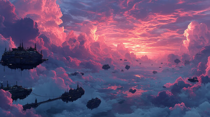 Futuristic Sky City Above the Clouds with Glowing Bridges and Cinematic Twilight Light