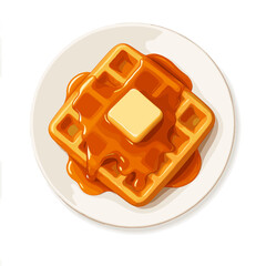 Golden Belgian waffle with melting butter and dripping maple syrup on a white plate
