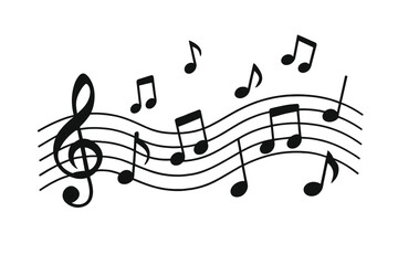 Dynamic black musical notes and treble clef floating on abstract wavy staff lines symbolizing rhythm and sound