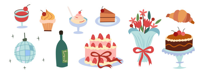 Hand drawn birthday set with cakes, cupcakes, ice cream, wine, bottle, disco ball and festive elements. Cute and whimsical illustration for greeting cards, party decor, invitations.